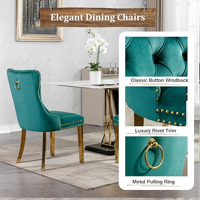 7 Piece Dining Table Set with 6 Green Dining Chairs, Modern Glass Kitchen Table and Chairs Set for 6, 70" Rectangle Gold Glass Pedestal Dining Room Tables with Ring-Shape Stainless Steel Base