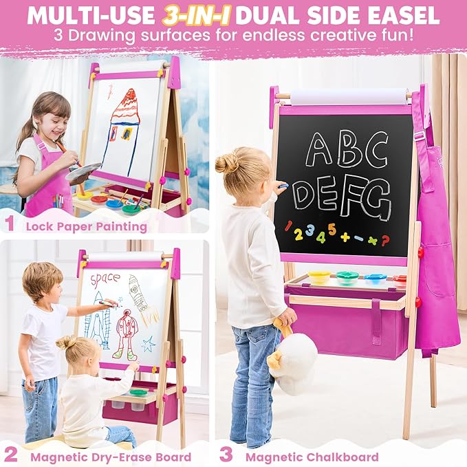 Art Easel for Toddlers Kids, Adjustable Standing Art Easel with Magnetic Chalkboard & Whiteboard, Dry-Erase Board, Paper Roll, Drawing & Painting Easel for Kids Ages 3 4-8 9-12, Pink w/Bag