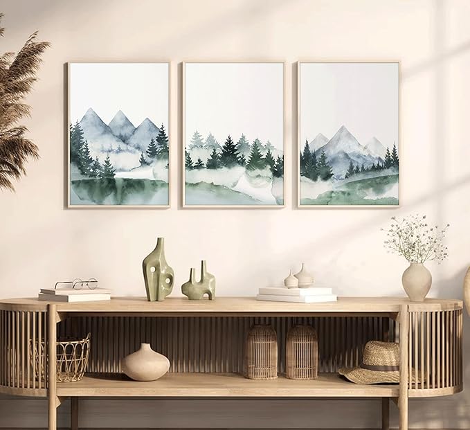 3Pcs Modern Mountains Canvas Wall Art Green Watercolor Misty Pine Forest Nature Minimalism Abstract Landscape Painting Picture Wall Decor Poster Print Artwork for Living Room Bedroom Office Unframed