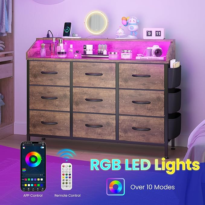 Lulive Brown Dresser for Bedroom 9 Drawers - Fabric Dressers for Bedroom with LED Light & Charging Station