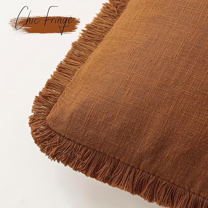 Foindtower Set of 2 Decorative Linen Fringe Throw Pillow Covers Cozy Boho Farmhouse Cushion Cover with Tassels Soft Accent Pillowcase for Couch Sofa Bed Living Room Home Decor, 16×16 Inch, Orange