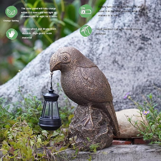 Outdoor Figurine Lights-Solar-Powered Parrot Garden Light - Waterproof Resin Statue, Auto-Charging led lamp for Outdoor Decor - Unique Birthday, Christmas Present (Bronze-Colored)