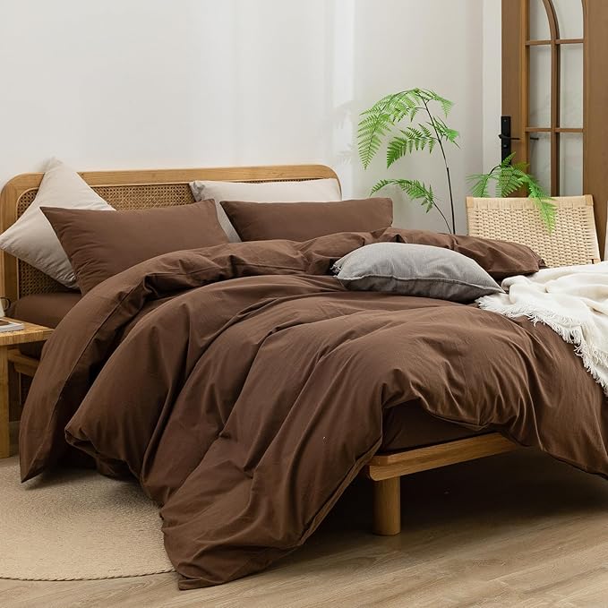 BESTOUCH Duvet Cover Set 100% Washed Cotton Linen Feel Super Soft Comfortable Chic Lightweight 3 PCs Home Bedding Set Solid Cocoa Brown Oversized Queen