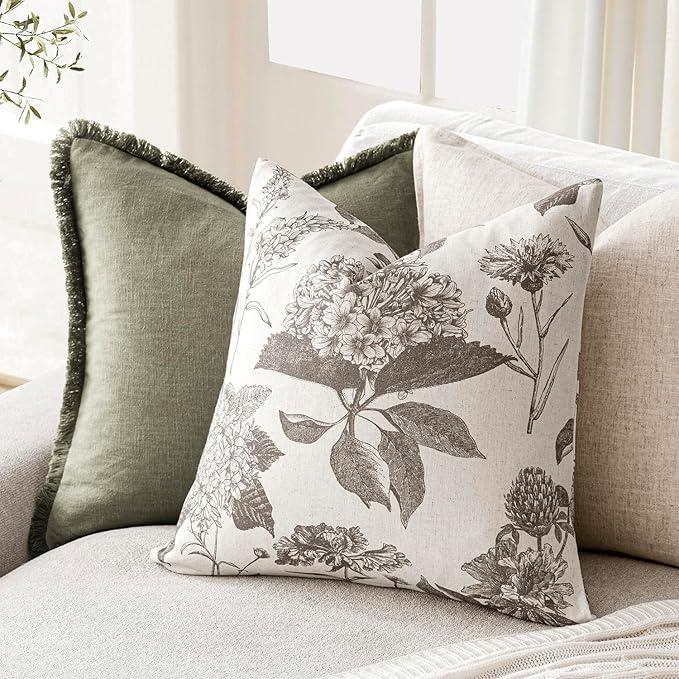 Foindtower Set of 2 Linen Floral Vintage Throw Pillow Covers Neutral Accent Decorative Cushion Covers Farmhouse Boho Home Decor for Sofa Chair Couch Bedroom Living Room Outdoor,18×18 Inch,Light Gray