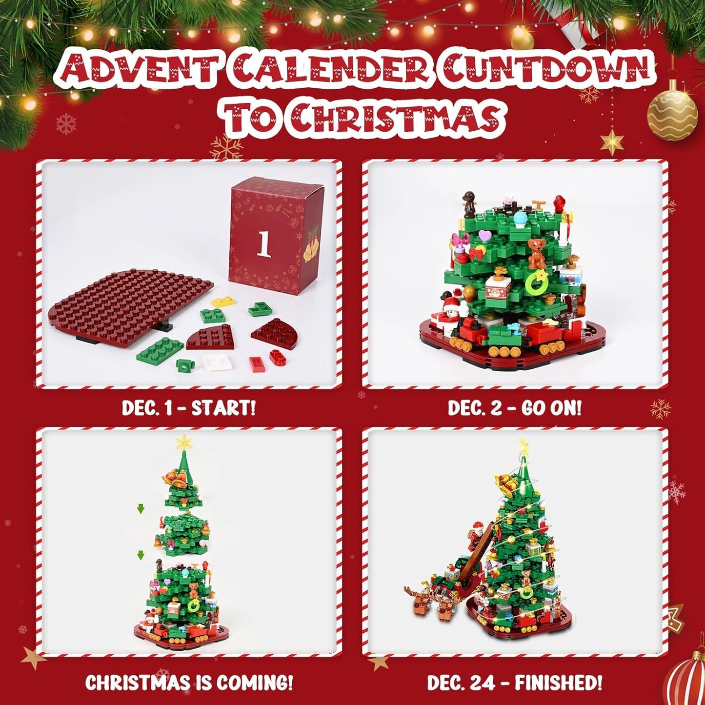 Siyaluens Advent Calendar 2025 - Christmas Tree Building Block Set, 1011 Pieces Christmas Santa Claus Moose Toy Decorations Building Kits for Adults Teen Girls Boys Countdown Calendar Gifts