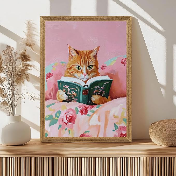 Framed Vintage Cat Canvas Wall Art, Funny Pink Animal Reading Books Painting Picture Print, Cute Kitten Lovers Aesthetic Wall Decor for Nursery Girls Room Bedroom Kids Room 24''L x 16''W