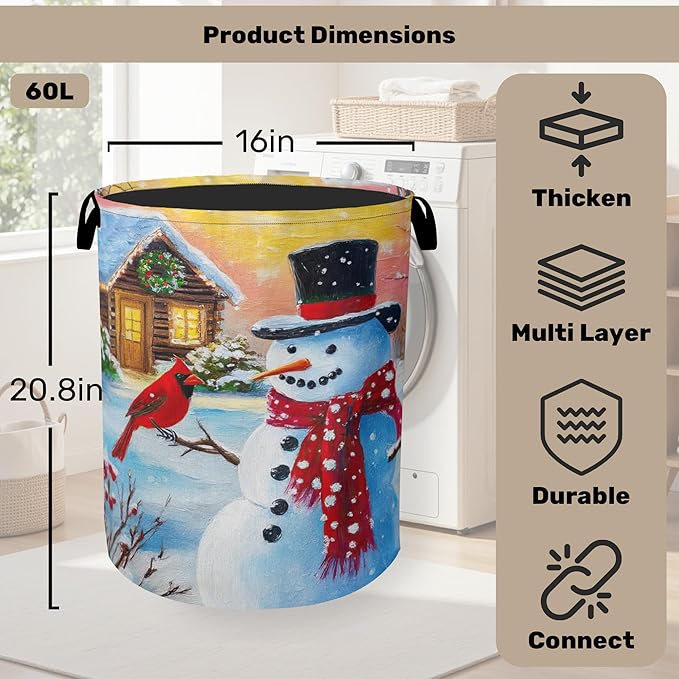 Snowman Cardinal Large Clothes Hamper Bag - Laundry Basket with Handles, Space Saving Foldable Design for Nursery