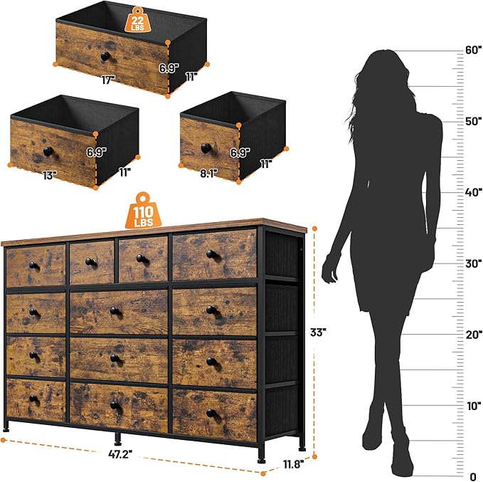 Tv Stand for Bedroom with 13 Fabric Dresser,Entertainment Center for 40,50,55 inch Tv,Dressers & Chests of Drawers for Living Room, Hallway, Entryway, Metal Frame, Rustic Brown