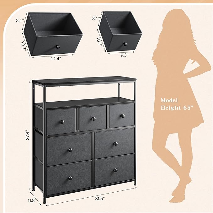 EnHomee Tv Stand for Bedroom with 7 Fabric Dressers and 2 Shelves，Dressers & Chests of Drawers for Closet，Hallway，Entryway，Dormitory，Clothes Storage，Grey