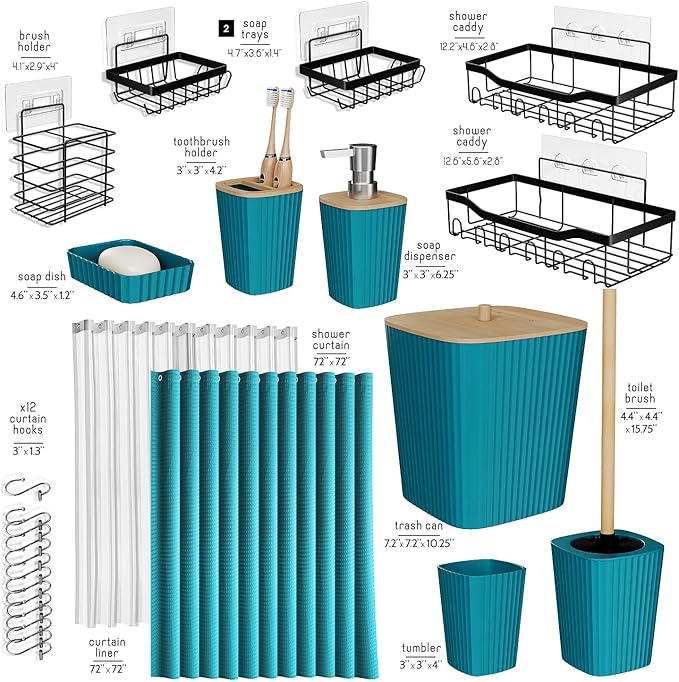 Shower Caddy and Bathroom Accessories Set, 25PC Bathroom Accessory Set with Shower Shelf Caddy for Bathroom Storage, Teal Shower Curtain Set, Toilet Brush, Trash Can, Soap Dispenser, Toothbrush holder