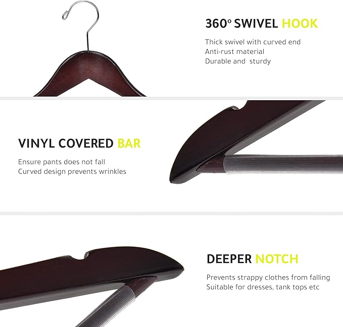 Quality Wooden Hangers - Slightly Curved Hanger Set in 10-Pack - Solid Wood Coat Hangers with Stylish Chrome Hooks - Heavy-Duty Clothes, Jacket, Shirt, Pants, Suit Hangers (Mahogany, 10)