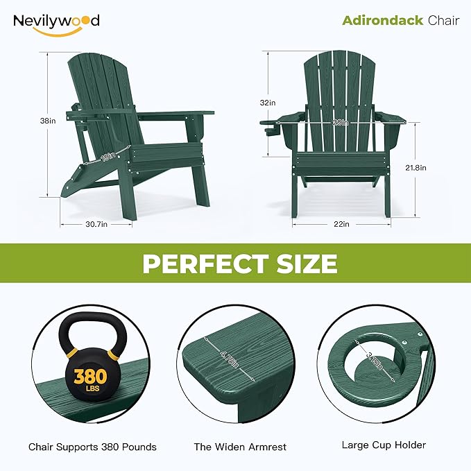 nevilywood Folding Adirondack Chair - Extended Ergonomic Backrest, Cup Holder - Easy Assembly - Durable HDPE Plastic, Weather Resistant & Maintenance-Free - Lawn, Patio, Deck Supports 380lbs Green