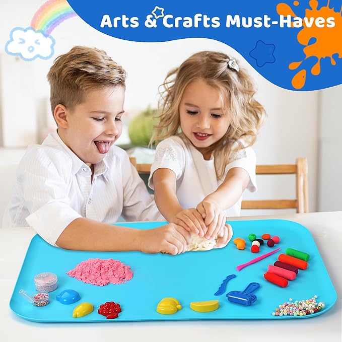 Silicone Craft Mats for Kids 24"x16"– with Raised Lip & Non-Slip | Reusable Silicone Art Mat for Play Sand, Painting, DIY Crafts | Durable Design (Blue)