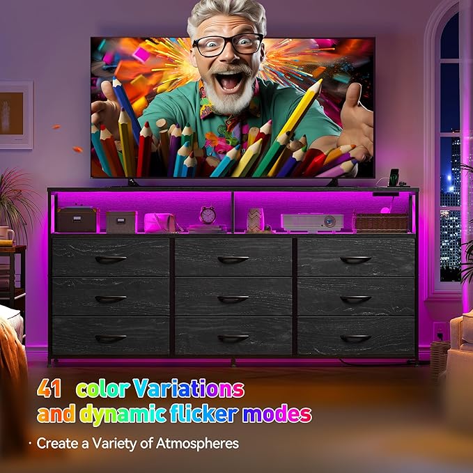 55” W Black Dresser for Bedroom with Charging Station & LED, 65" TV Stand for Bedroom with 9 Fabric Drawers, Sturdy Chest of Drawers with Open Storage Shelves for Closet, 55.12" Wx11.81 Dx35.43 H