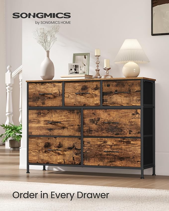 SONGMICS Dresser for Bedroom, Chest of Drawers, TV Stand, Steel, MDF, 7 Non-Woven Fabric Drawers, Storage Organizer Unit, Closet, Entryway, Rustic Brown and Ink Black ULGS323B02S