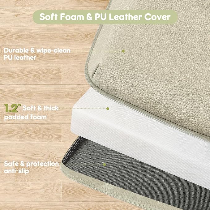 Padded Baby Play Mat, Super Soft Vegan Leather Baby Floor Play Mat, 48x48 Non-Slip Thick Foam Cushioned Play Mat for Babies 6-12 Months, Fits Nicely Into 50x50 Playpen Mat, Grayish Green