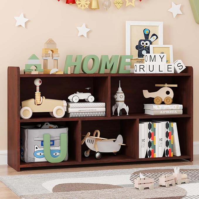 Kids Book Shelf Set of 2, 5 Cubes Storage Organizer Montessori Shelf, Wooden Kids Bookcase, Toy Storage Organizer for Children, Cherry Toddler Bookshelf Cube Shelf for Kid’s Room, Classroom