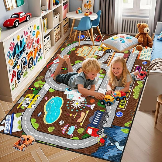 Car Track Rug - Car Rugs for Kids Toy Cars City Life Road Rug Large Kids Play Mat Car Carpet for Boys Girls Playroom Living Room Bedroom Classroom, 5'×7'