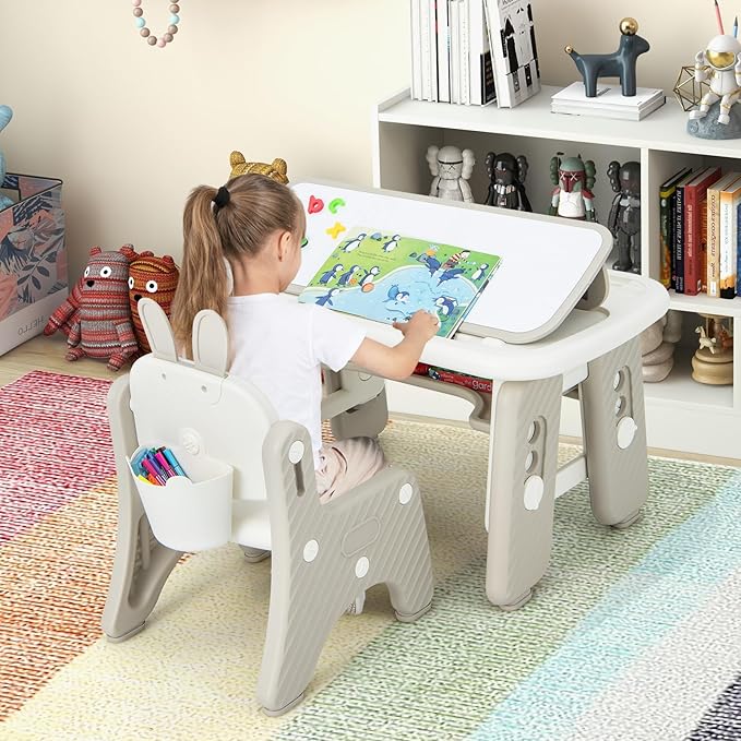 Costzon Kids Table and Chair Set, Graffiti Activity Table w/Flip-Top Tabletop Bookshelf, Erasable Magnetic Drawing Board, Storage, Adjustable Height for Drawing, Toddlers Art Table & Chair (Gray)