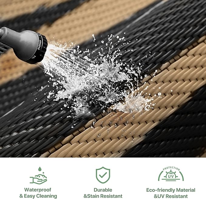 GENIMO Outdoor Rug Waterproof 6'x9' for Patio, Foldable Reversible Plastic Straw Carpet for Travel Trailers, Outside Area Mat for Rv, Deck, Picnic, Porch, Camper, Balcony, Beach, Black & Brown