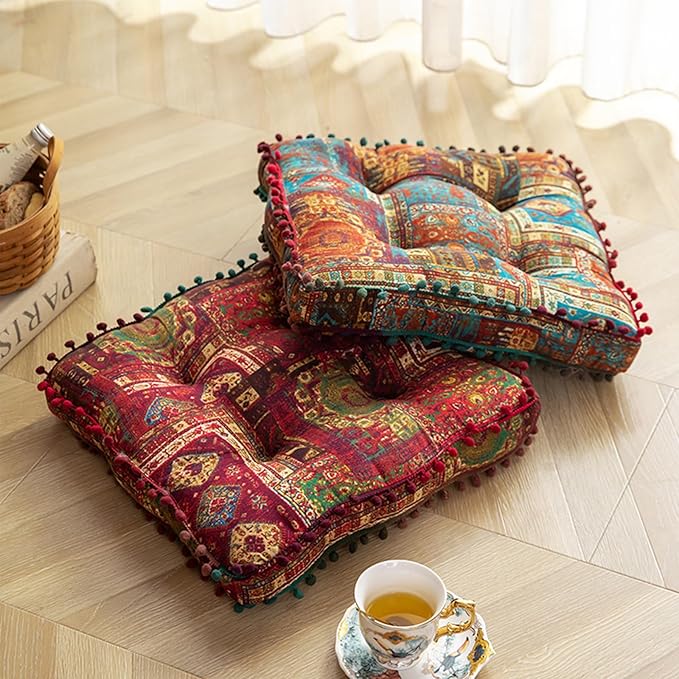 Blue Bohemian Seat Cushion,Indoor Boho Chair Cushions for Dining Chairs，Square Chair Pad，Decorative Seat Cushions for Kitchen Chairs(Blue Square B 16X16)