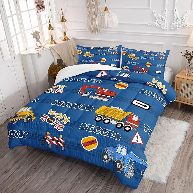 Kids Comforter Set Butterfly Printed Pattern Bedding Set with 1 Comforter and 2 Pillowcases for Girls Boys Bedroom All Season(Truck Twin)