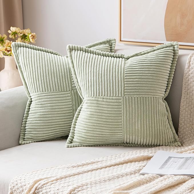 MIULEE Decorative Throw Pillow Covers for Couch Bed Livingroom 20x20 Inch Set of 2 Light Green Boho Accent Throw Pllows Broadside Striped Patchwork Soft Corduroy Summer Pillowcases