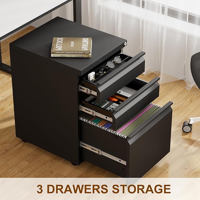 Metal Mobile File Cabinet with Lock and 4 Keys - Fully Assembled, Under Office Desk 3 Drawers Filing Cabinet for Home Office with Anti-tilt Wheels, A4/Legal/Letter Hanging File Drawers