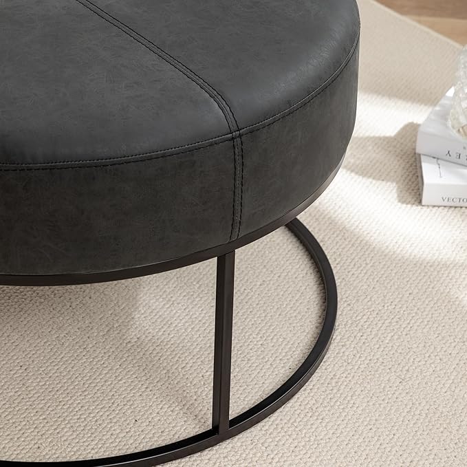 Modern Round Coffee Table, Farmhouse Ottoman for Living Room, Large Vintage Leather Coffee Tables with Leather Upholstered Padded Seat [Round, Vintage Black, 30'']