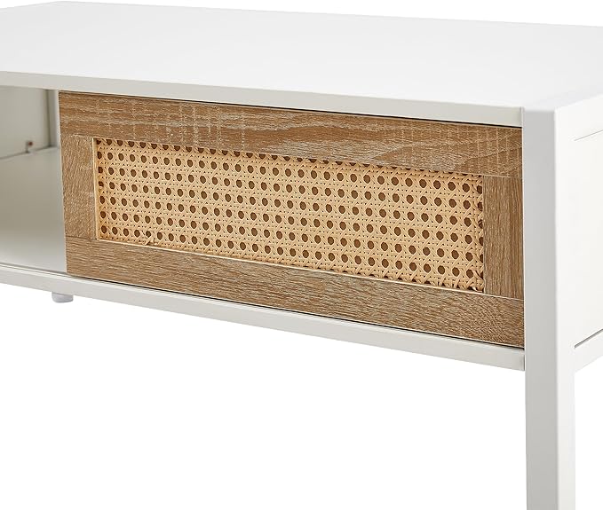Rattan Coffee Table 40.16" Mid Century Modern Coffee Table with Storage Farmhouse Rectangle Wooden Accent Center Sofa Table with Rattan Sliding Door for Living Room (White)