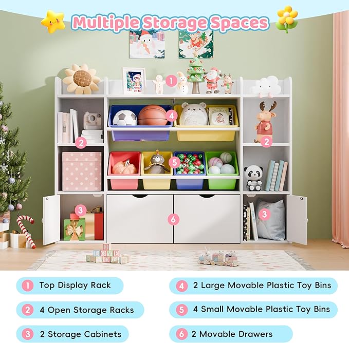 Xilingol Kids Toy Storage Organizer W/6 Removable Toy Bins, 4-Tier Toy Organizers W/6 Storage Cubbies and 2 Movable Drawers, Kid Bookshelf and Toy Storage for Playroom, Bedroom, Kids Room (Multicolor)