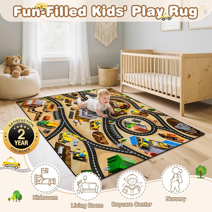 Kids 5' x 7' FT Construction Site Car Rug - Extra Thick (0.4in),Tufted Wool & Rubber, Non-Slip, Stain & Fade Resistant, Machine Washable, Rustic Cartoon Construction Site Pattern