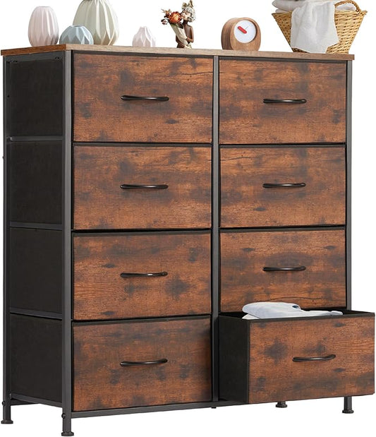 DUMOS Dresser for Bedroom with 8 Fabric Drawers, Tall Chest Organizer Units for Clothing, Closet, Kidsroom, Storage Tower with Cabinet, Metal Frame, Wooden Top, Lightweight Nursery Furniture, Brown