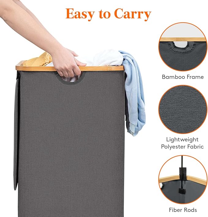 Lifewit 120L Laundry Basket with Lid, Clothes Hampers for Laundry with Bamboo Handles and A Removable Bag, Large Foldable Laundry Hamper for Bedroom, Bathroom, Dorm, Dark Gray