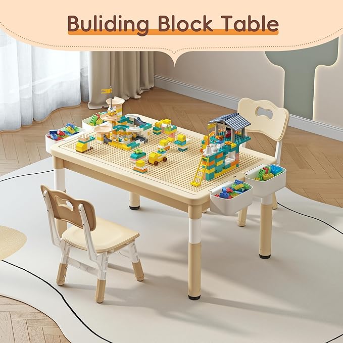 Kids Table and 2 Chairs with Storage, Children Water and Sand Activity Tables Height Adjustable, 34.6''L x 24.4''W Toddler Table for Buliding Blocks, Drawing, Eating, for Kids Age 2-10, Beige