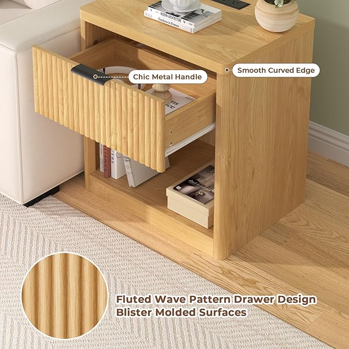 HOMMPA 22'' Fluted Nightstand with Charging Station, Modern Bedside Table w/Storage, End Table w/Drawer & Open Compartment, Wooden Bedside End Table for Bedroom, Living Room, Curved Profile Design