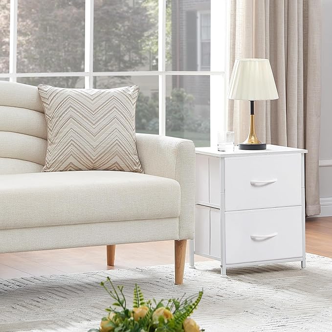 Somdot White Nightstand Set of 2, Small Dresser for Bedroom with 2 Drawers, Bedside Table Night Stand End Table with Fabric Bins for Bedroom Kids Closet Dorm Guest Room, White Leather