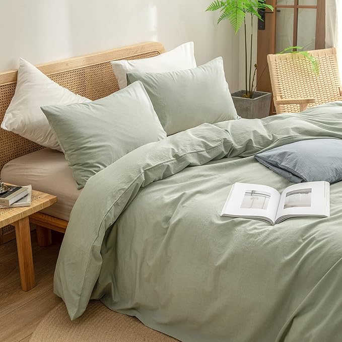BESTOUCH Duvet Cover Set 100% Washed Cotton Linen Feel Super Soft Comfortable Chic Lightweight 3 PCs Home Bedding Set Sage Green King