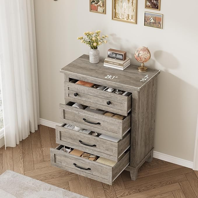 GarveeHome 4 Dresser for Bedroom, 34.8" Tall Vertical Drawer Dresser with Large Storage, Freestanding Wooden Closet Chest for Bedroom, Living Room, Grey