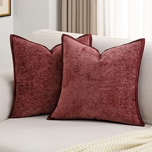 FUTEI Burgundy Chenille Throw Pillow Covers 24x24 Inch Set of 2,Soft Cozy Bound Edge Design European Cushion Cover,Home Decor for Couch Bed Living Room
