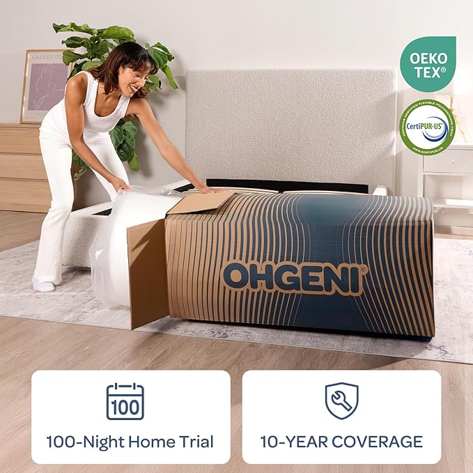 OhGeni 10 Inch Cooling Queen Size Mattress, Hybrid Gel-Infused Memory Foam Bed Mattresses in a Box, Medium Feel Cool Top Fabric, Individual Pocket Innerspring, 3-Zone Design & Reinforced Edge Support