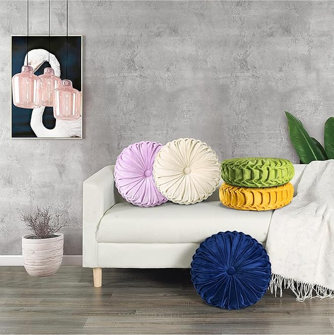 HIG Set of 2 Decorative Round Pleated Throw Pillows,Classy Accent Pumpkin Throw Pillows with Center Button,Vintage Velvet Floor Pillows for Sofa Vanity Chair Bed, Beige,14.6" Diameter(Ripple)