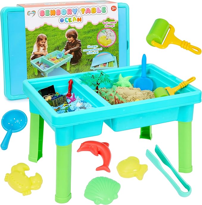Ocean Sensory Table with Sands, Bin with Lid, Indoor Outdoor Use, Sand Art Kit for Boys and Girls, Toys for Toddlers Age 3-5, 17x11.5x10.2 Inches