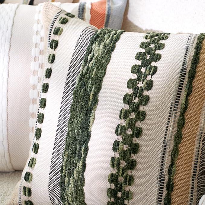 Aeckself Boho Throw Pillow Covers 18x18 Inch Set of 2, Farmhouse Decorative Striped Square Pillow Covers Chenille Tufted Pillow Cases Accent Neutral Pillowcase for Living Room Couch Bed, Dark Green