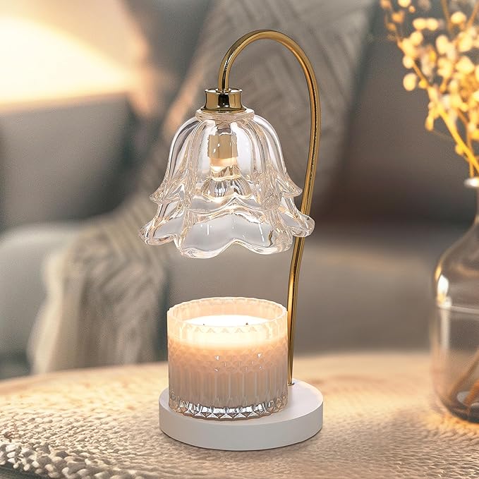 Sheffield Home Glass Candle Warmer Lamp – 15" White, Clear Floral Glass Shade, Elegant Flameless Wax Melter for Long-Lasting Fragrance, Stylish Home Décor