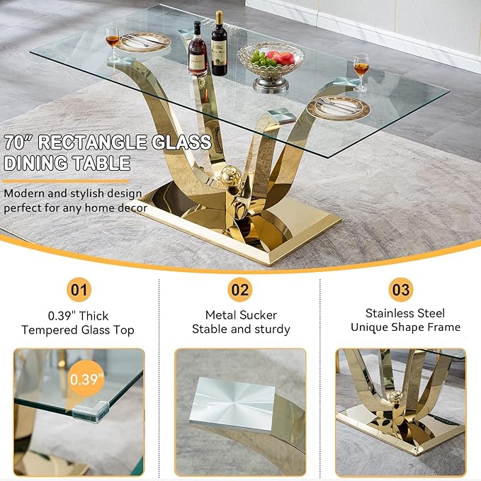 70" Modern Gold Glass Dining Table Set for 4, 5-Piece Rectangle Kitchen Dining Room Table Set with Steel Base & 4 Beige Velvet Upholstered Chairs, Modern Glass Kitchen Table and Chairs Set of 4