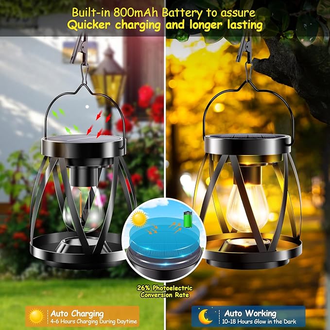 GARPAR Solar Lanterns Lights Outdoor Waterproof, Upgraded Metal Outdoor Lantern, Brighter Auto On/Off 18H Hanging Solar Lights for Outside Garden Yard Patio Porch Decor, Gift for Mom, 2 Pack
