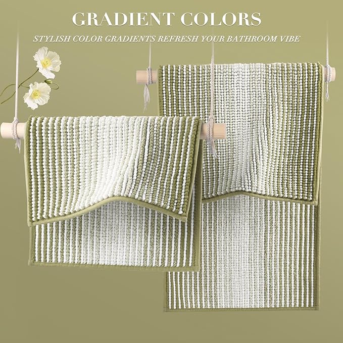 Bathroom Rugs and Mats Sets, 2 Piece Thick Absorbent Chenille Bath Mat Rug Set Non Slip, Soft Shaggy Bath Room Floor Mats for Bathroom, Machine Washable (Linden Green, 20" x 32" Plus 16" x 24")