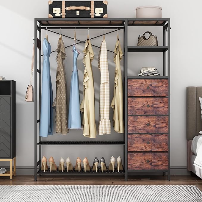 Loomie Heavy Duty Clothes Rack for Hanging Clothes with 5 Shelves & 5 Drawers, Metal Freestanding Clothing Rack with Five Hooks, Garment Rack Closet Wardrobe Rack, 70.87H x 59.06W,Max 900lbs,Rustic