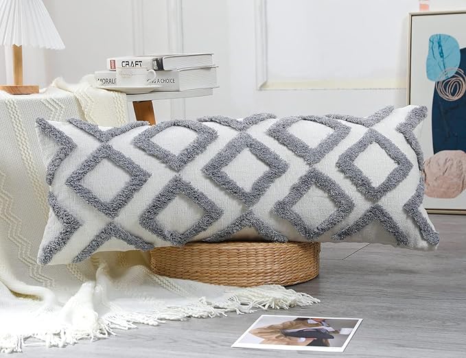 Diamond Pattern Extra Long Pillow Covers 16 x 36,Plush Chenille Decorative Long Lumbar Pillow Covers Pillow Case Cushion Case for Sofa Couch Bed Livingroom Farmhouse,Modern Boho,Grey